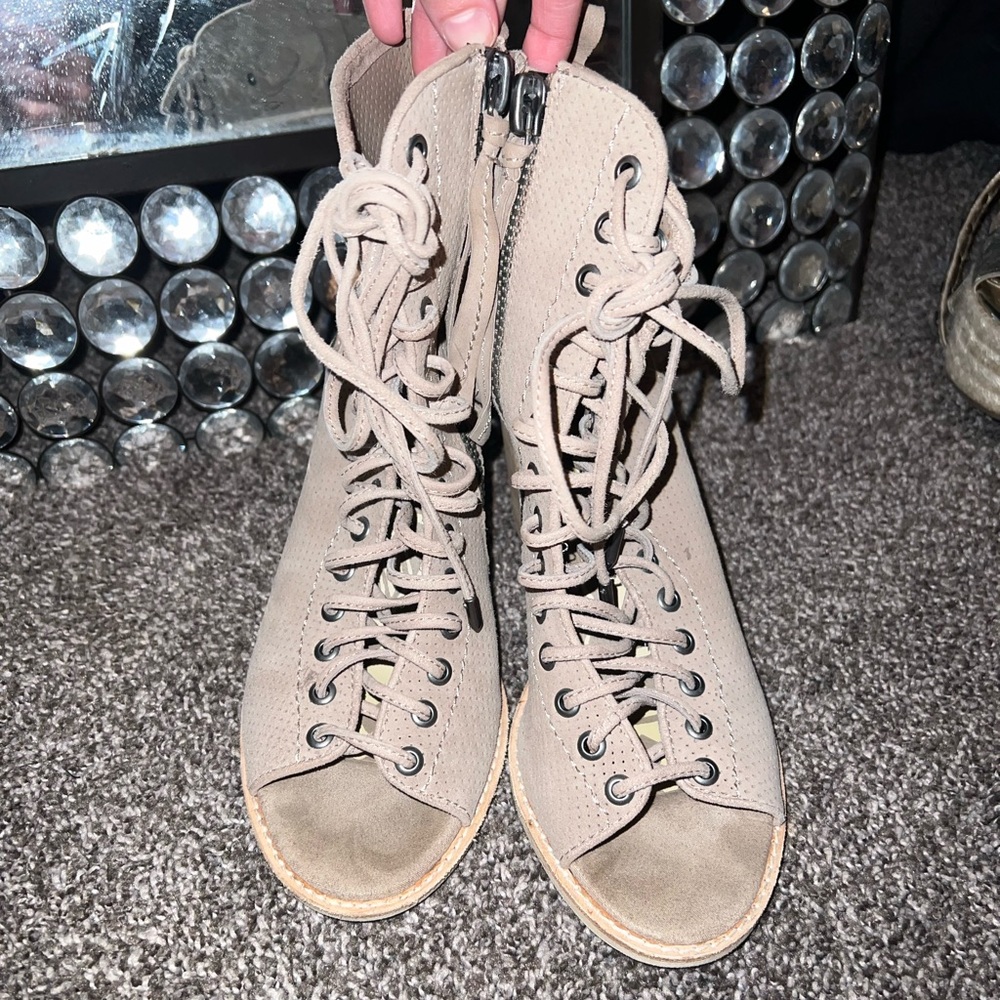 Lace up open toe booties